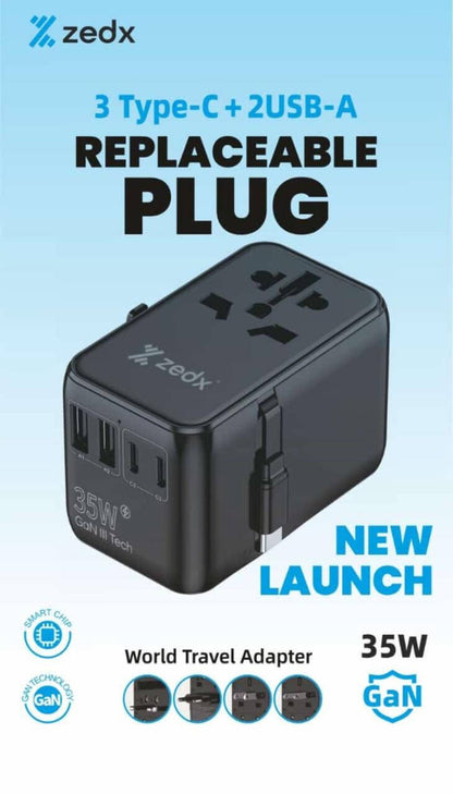 Zedx World Travel Adapter, 3 Type-C + 2 USB-A Replaceable Plug