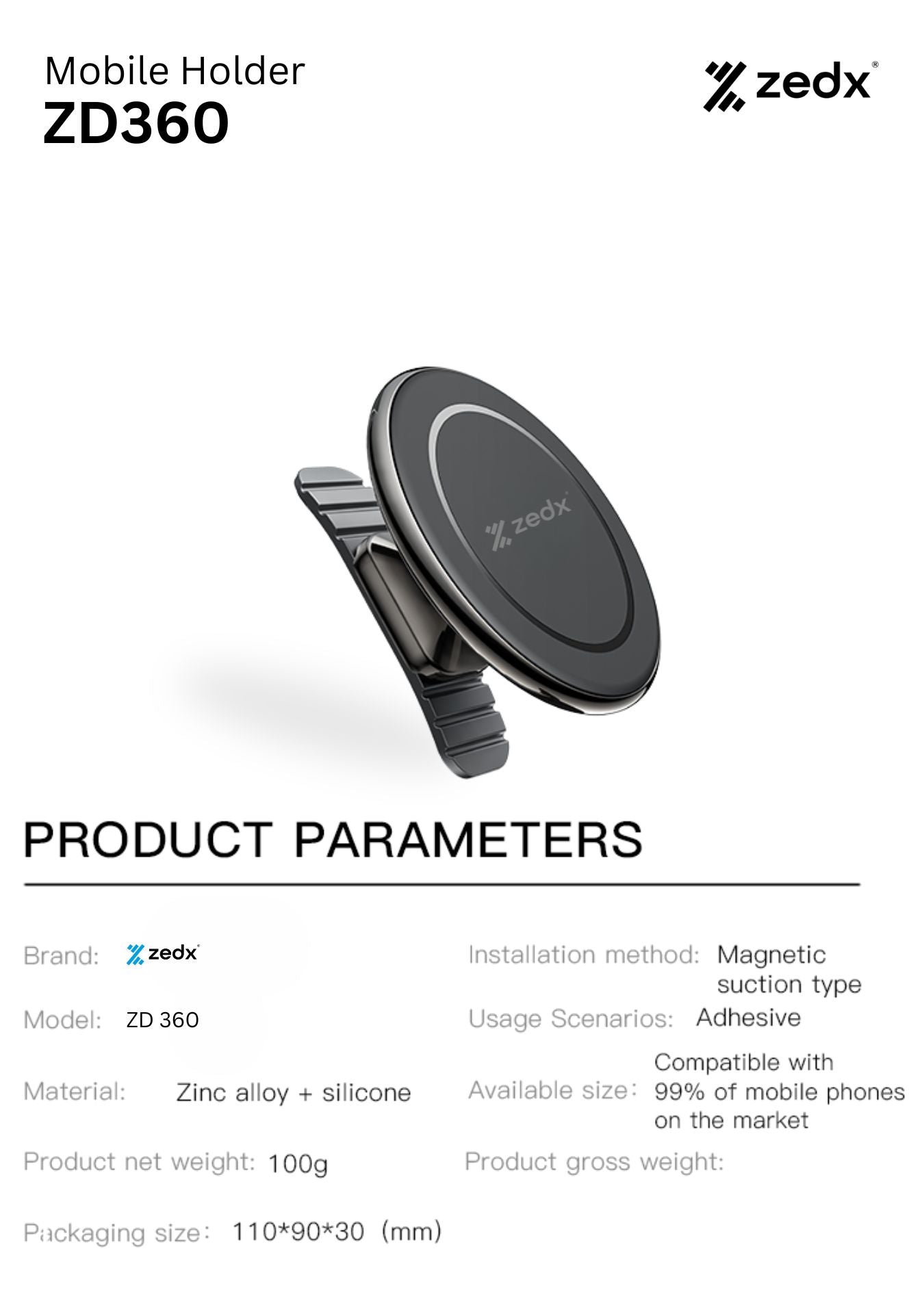 ZEDX ZD360 High Quality Magnetic Car Phone Holder Fast Adsorption Holder Car Stand Mount