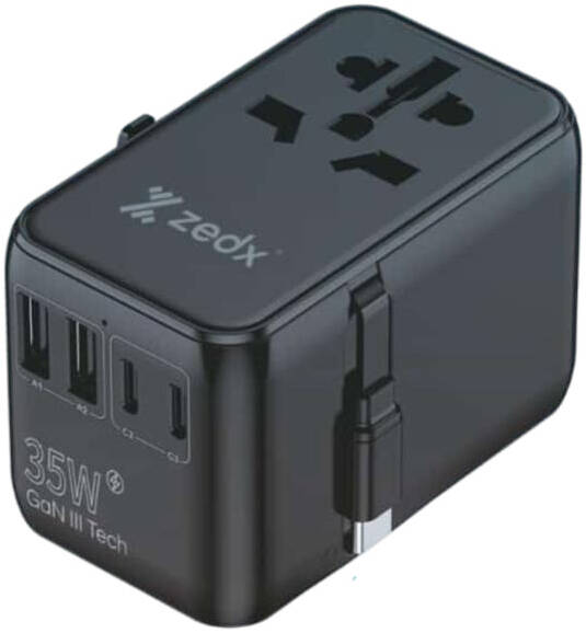 Zedx World Travel Adapter, 3 Type-C + 2 USB-A Replaceable Plug